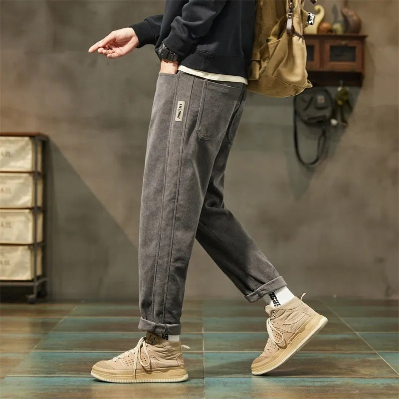 Men's tapered corduroy trousers in straight-leg cut available in multiple colours including Army Green and Black Plus Velvet Style