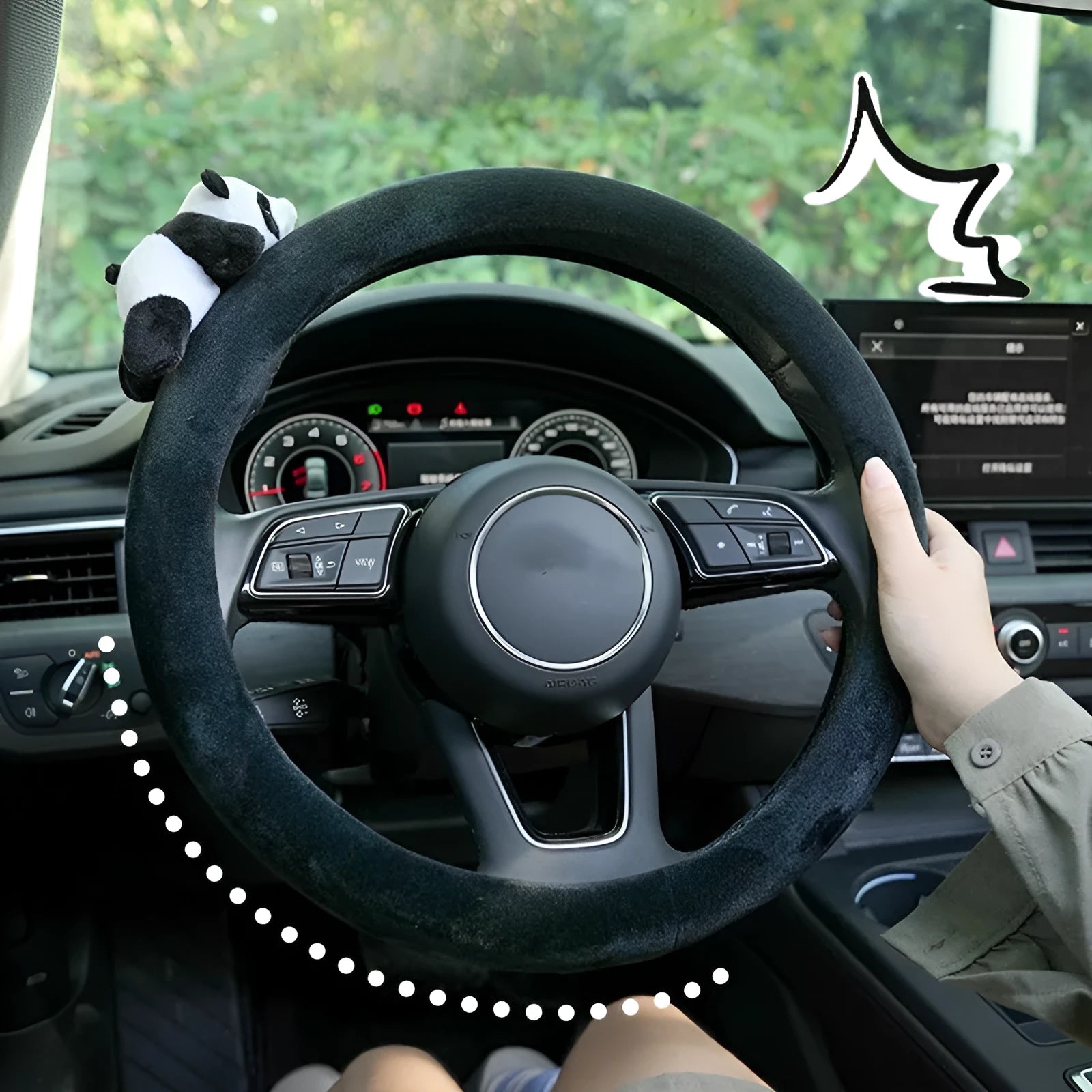 Black plush panda steering wheel cover with matching shoulder pad for 38cm diameter wheels