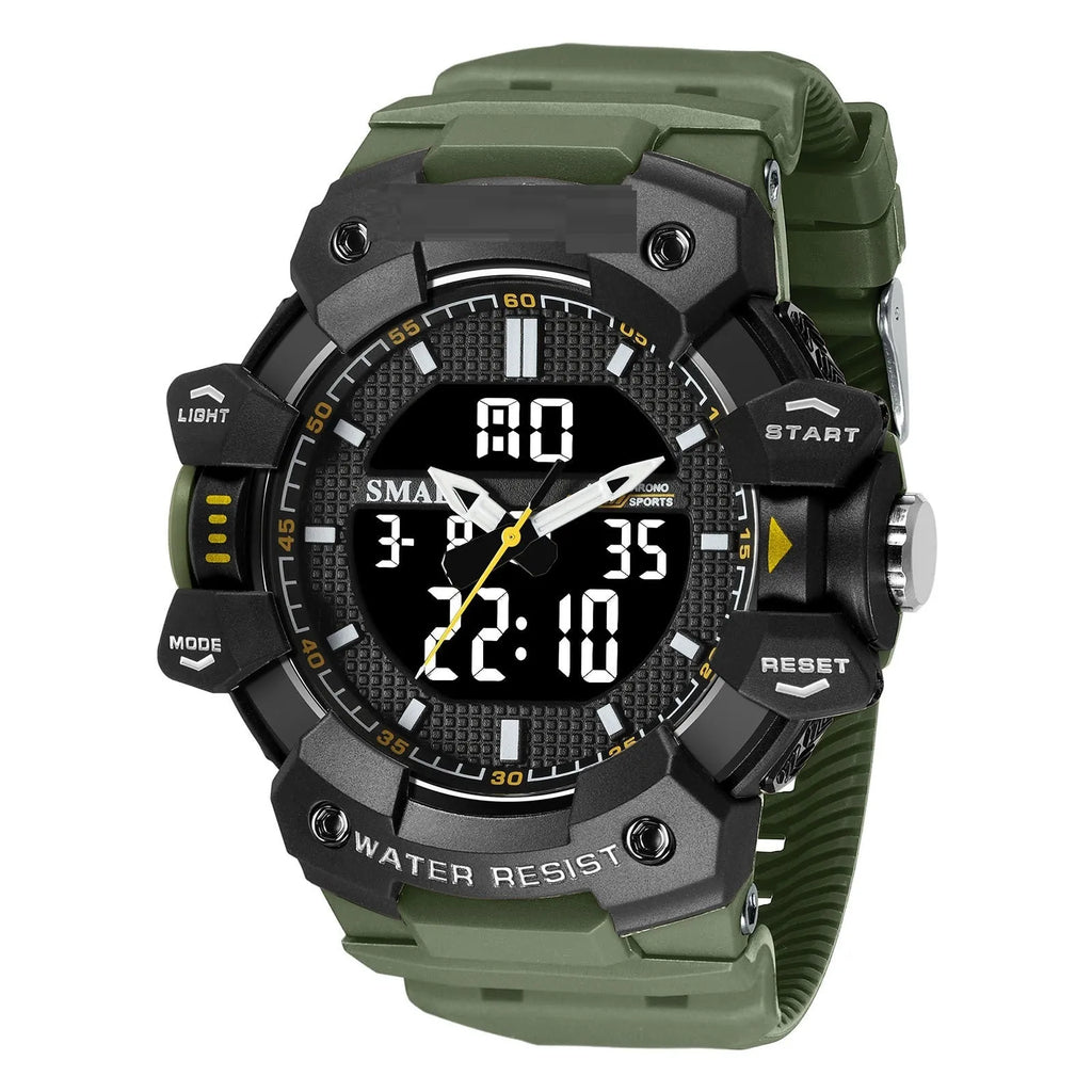 Men's outdoor sports waterproof watch with 55mm dial, plastic strap, and acrylic mirror, 50m water resistance