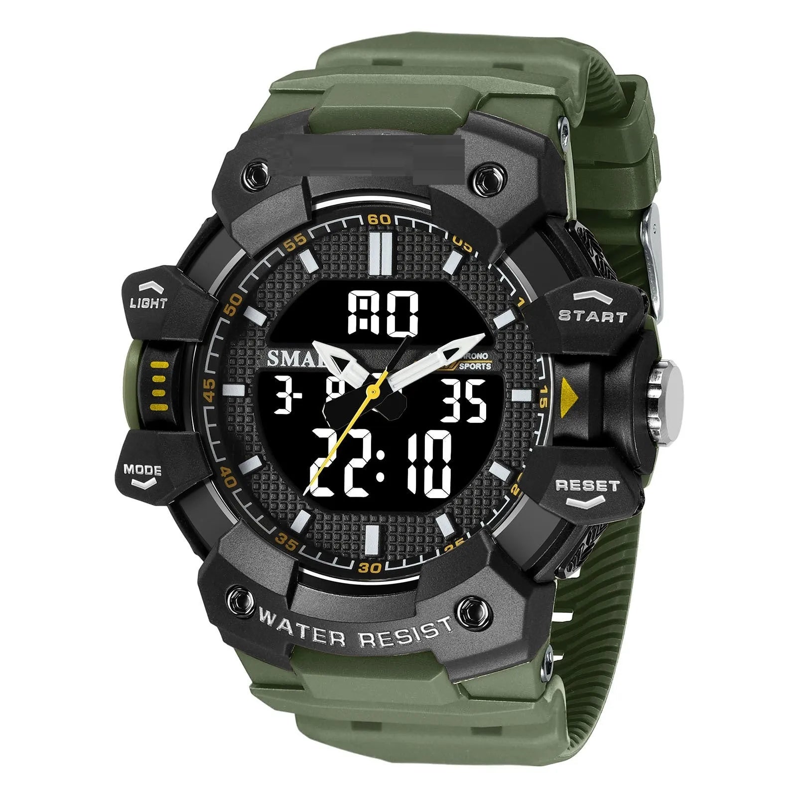Men's outdoor sports waterproof watch with 55mm dial, plastic strap, and acrylic mirror, 50m water resistance