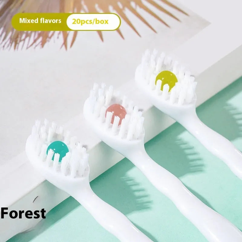 Box of 20 individually wrapped disposable bead toothbrushes in mint flavour.