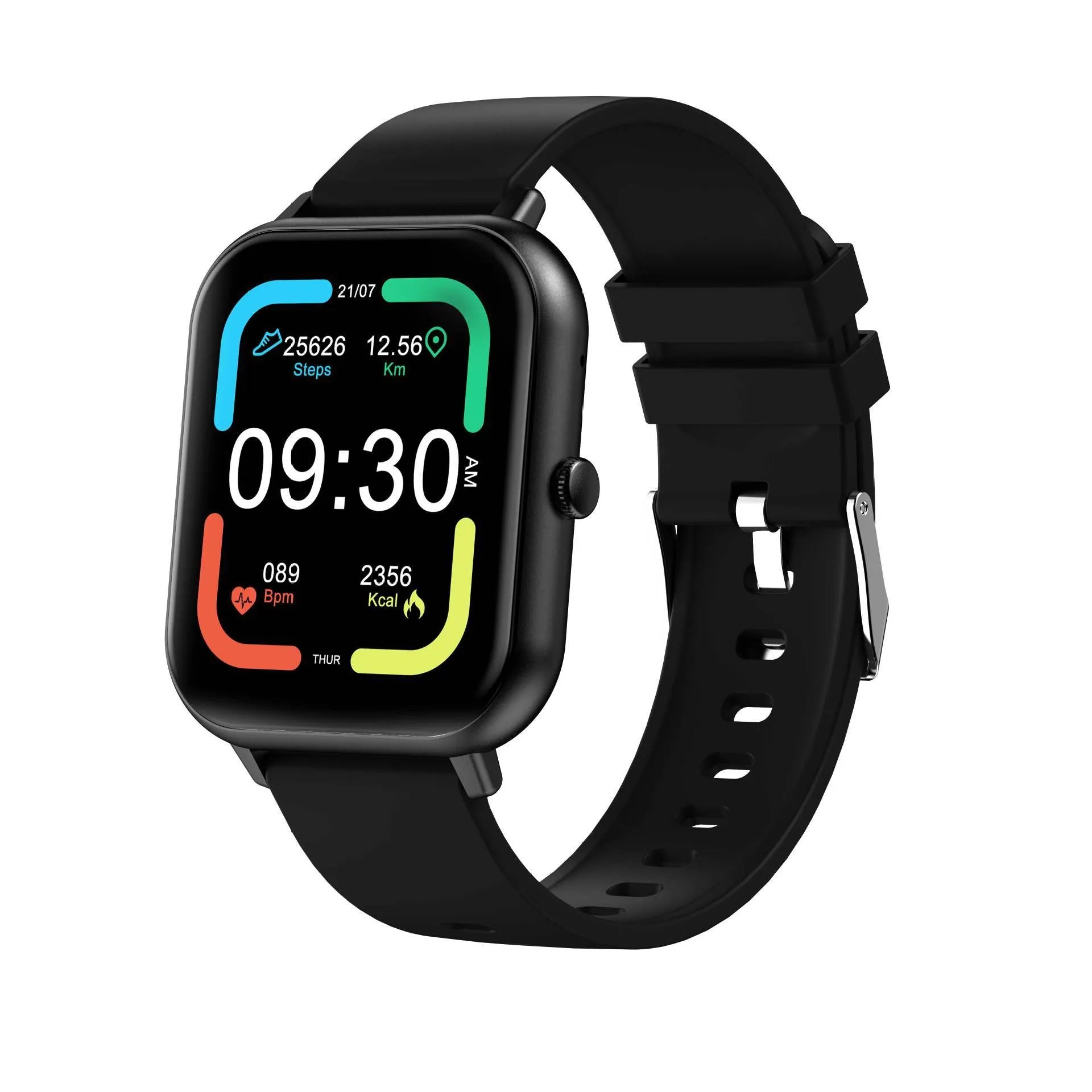 Bluetooth smart watch in black showing TFT screen with heart rate and step count display.