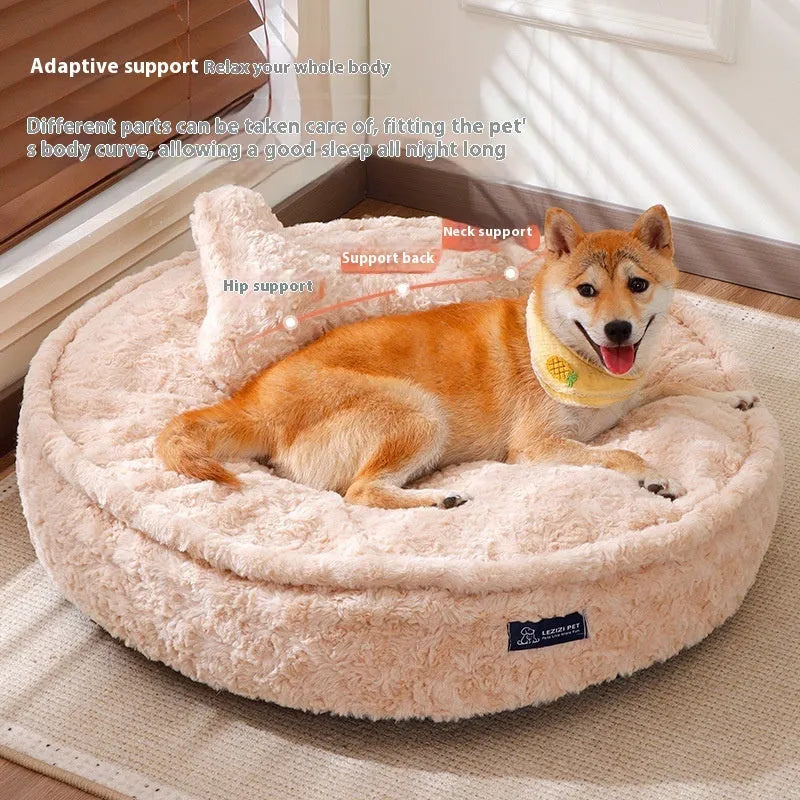 Round nest style pet bed in milk tea colour with a removable cloth cover, shown with S, M, L, XL size options.