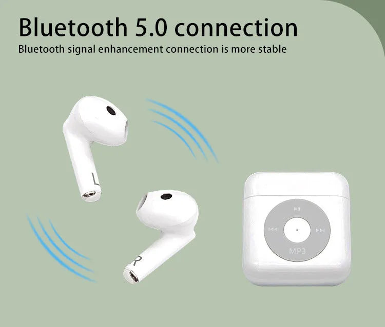 White wireless Bluetooth earphones with semi-in-ear design and a charging case.