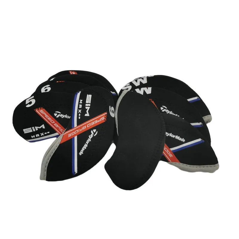 Set of 10 golf iron sleeves in diving material, showing yellow, SIM, and Carla W colour options