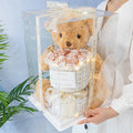 Plush bear doll with soap flower eternal rose bouquet in acrylic case 30cm height