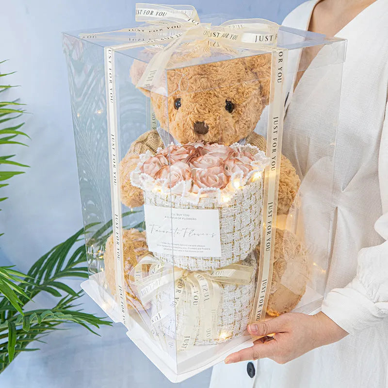 Plush bear doll with soap flower eternal rose bouquet in acrylic case 30cm height