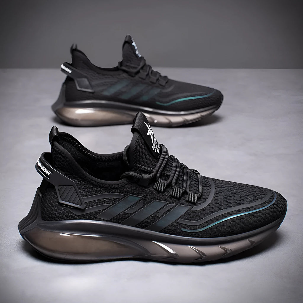 Men's breathable fly woven sports casual shoes with shock absorption, TPU sole, low heel, black colour, side view