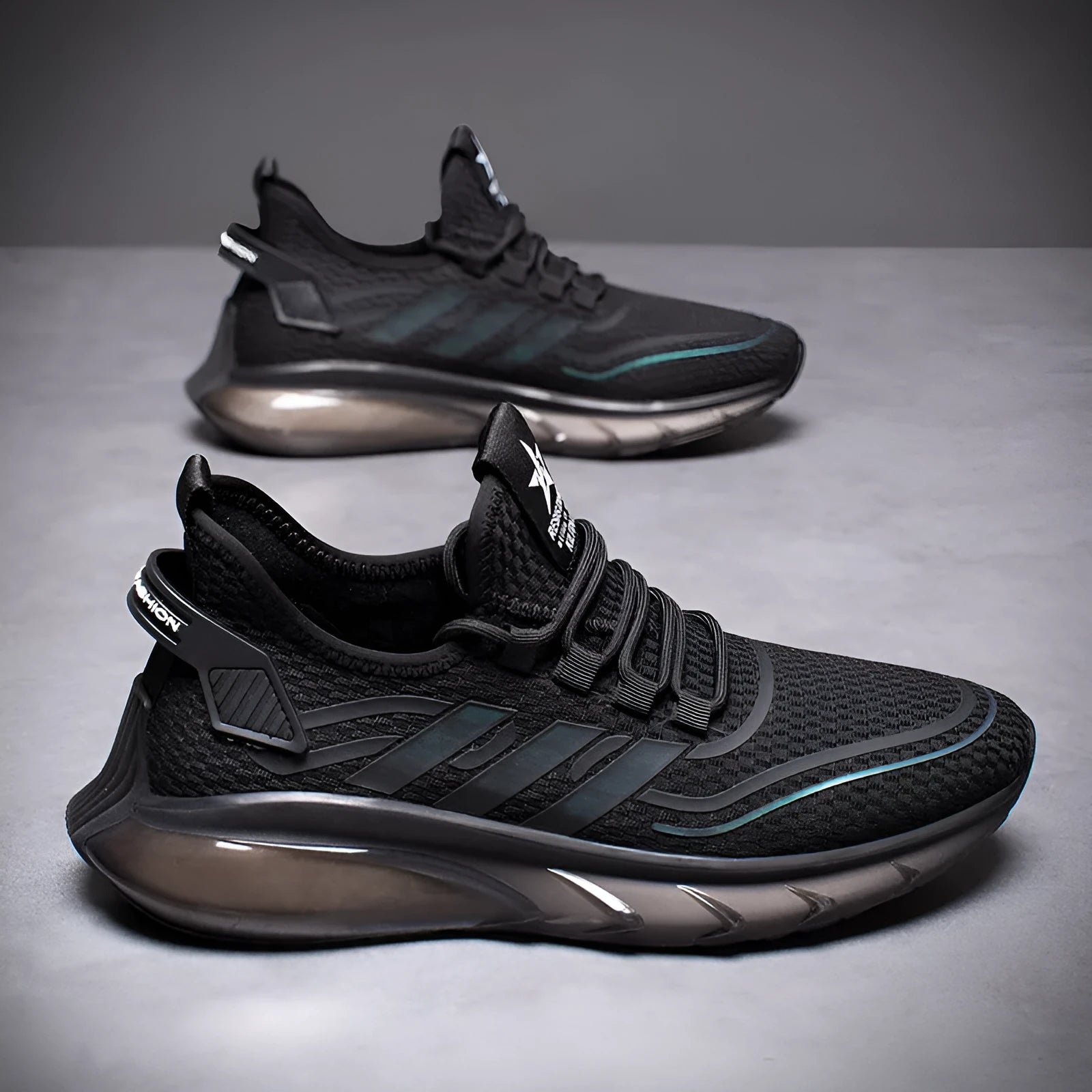 Men's breathable fly woven sports casual shoes with shock absorption, TPU sole, low heel, black colour, side view