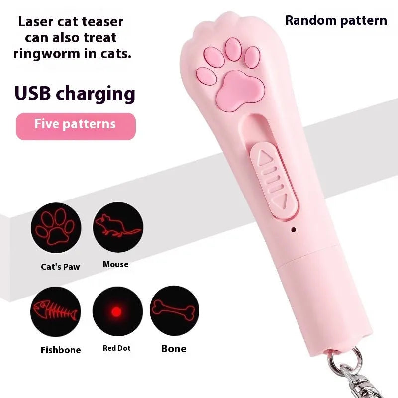 Pink USB-rechargeable cat teaser wand with feather, showing light and vibration functions for interactive play.