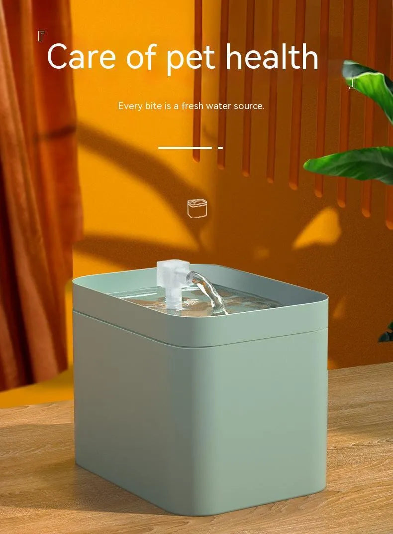 Pet water dispenser with live water filter, USB powered, blue plastic, compact cat fountain