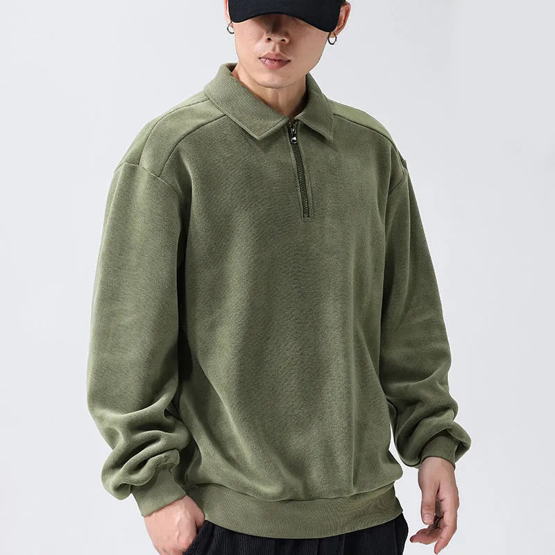 Men's fashion lapel half-zip fleece sweatshirt in black, long sleeves, hood, polyester cotton blend