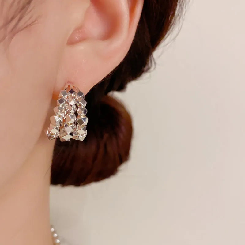 Multi-layer ear ring pair in copper with real gold plating, gold or silver tone, geometric ring design