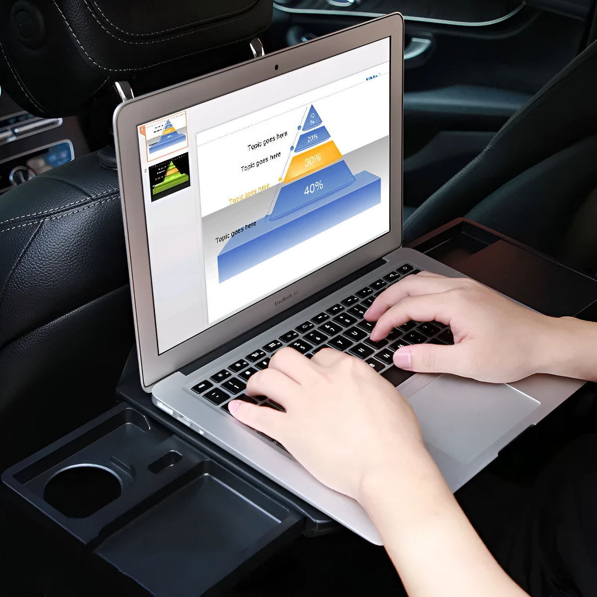 Car back seat writing desk laptop stand in matte black with phone holder