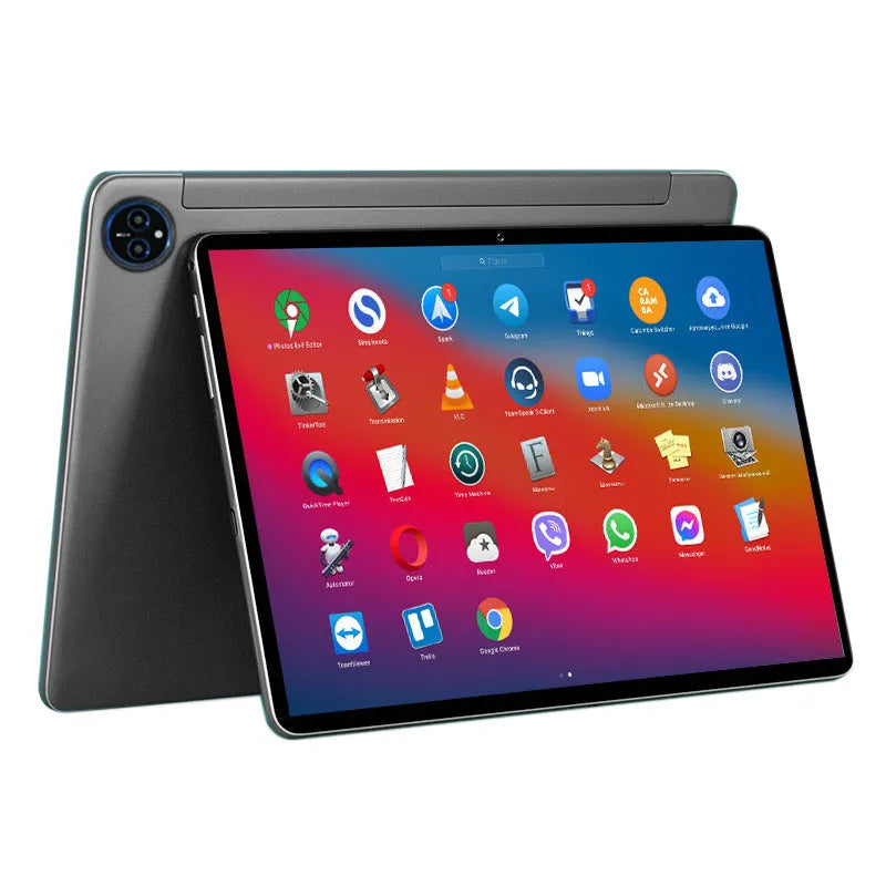 Bare metal blue 10-inch tablet with optional leather keyboard case shown on a desk.