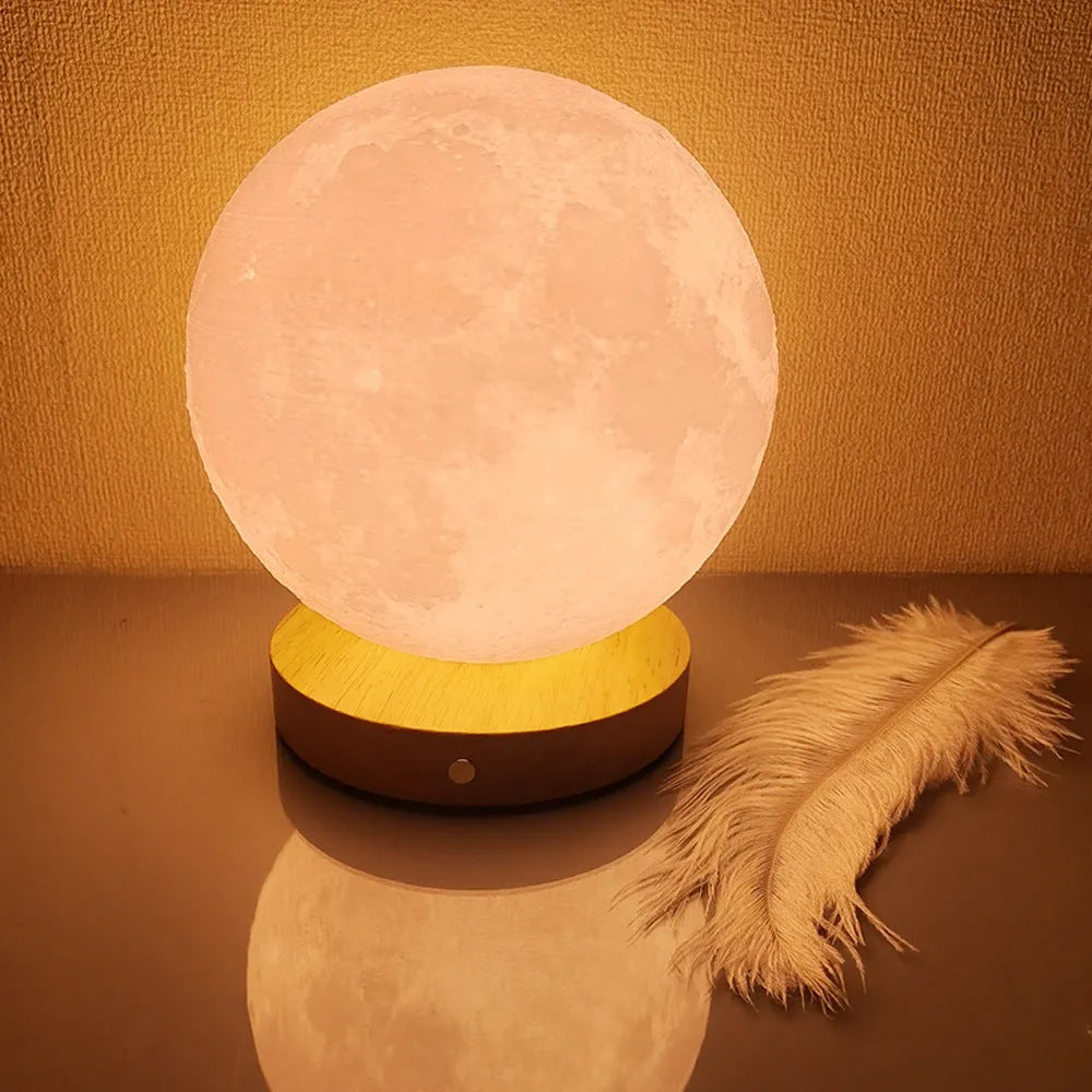 Rotating sleeping moon night lamp with wooden base in Nordic style