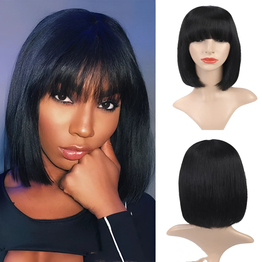 Real hair wig with Qi bangs, long straight bob style, Mechanism B gear wave colour, available in 6 to 16 inch lengths.