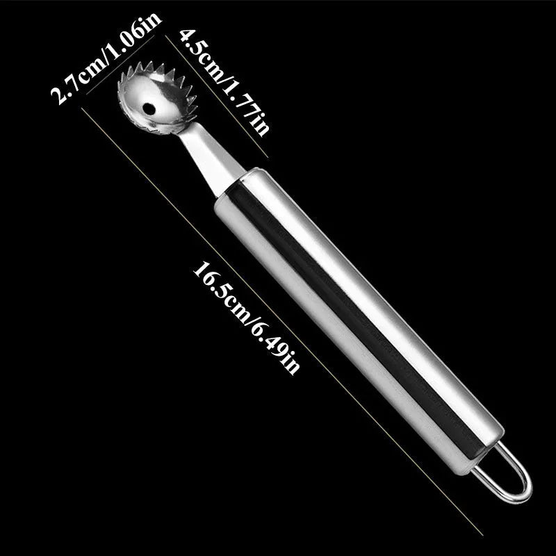 Stainless steel strawberry stem remover, 410 steel, modern minimalist kitchen gadget for hulling strawberries.
