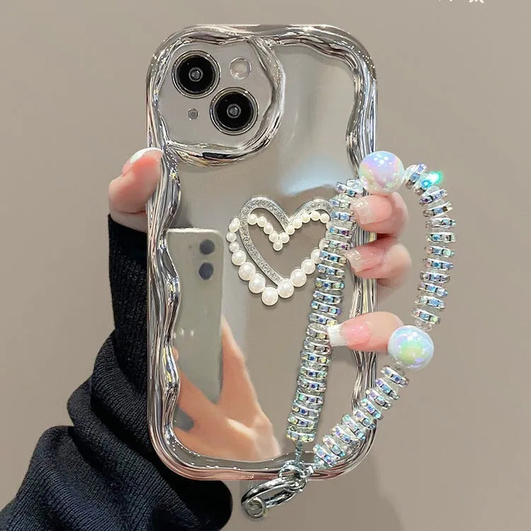 Silicone phone case for iPhone with three-dimensional pearl chain and electroplated bracelet in Silver Gray colour
