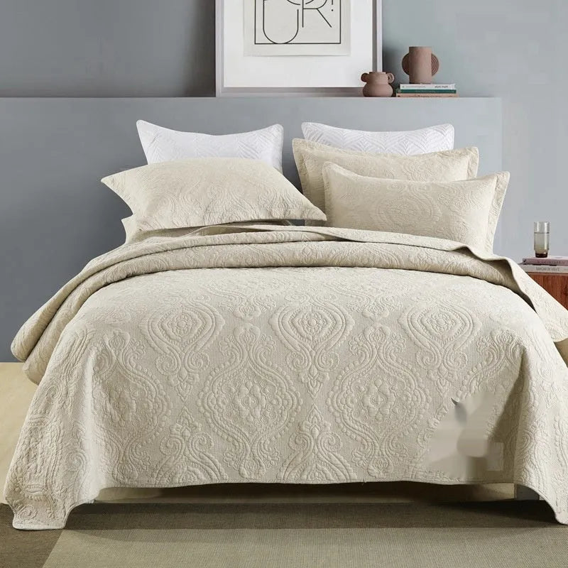 Pure cotton bed cover three-piece set showing bedspread-style design with solid colour pattern