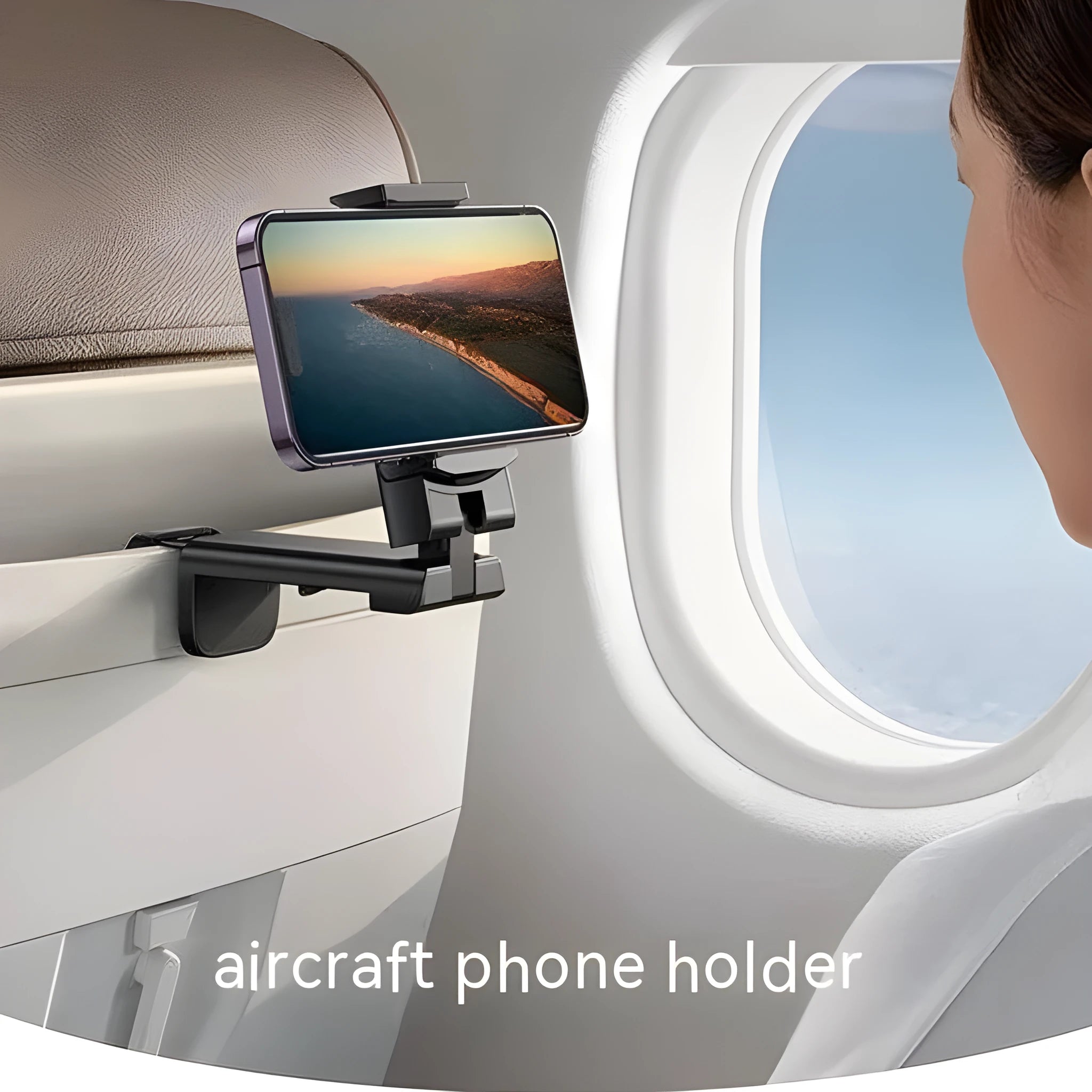 Black foldable and rotating universal mobile phone holder on a table.