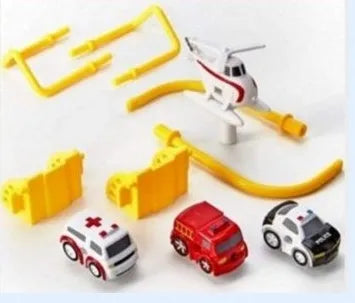 Children's plastic toy car track set with handle remote control and multiple trolley cars