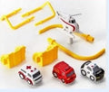Children's plastic toy car track set with handle remote control and multiple trolley cars