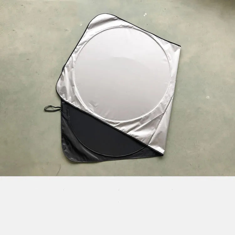 Large silver reflective car sunshade measuring 190cm by 90cm, shown folded next to its cloth storage bag.