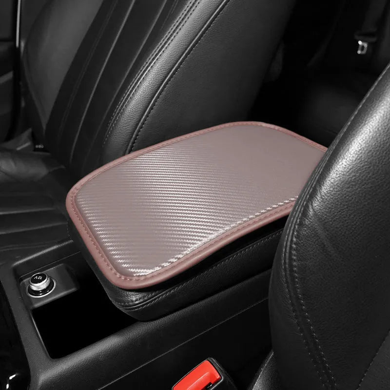 Leather car armrest box cushion mat in four colour options on a white background.
