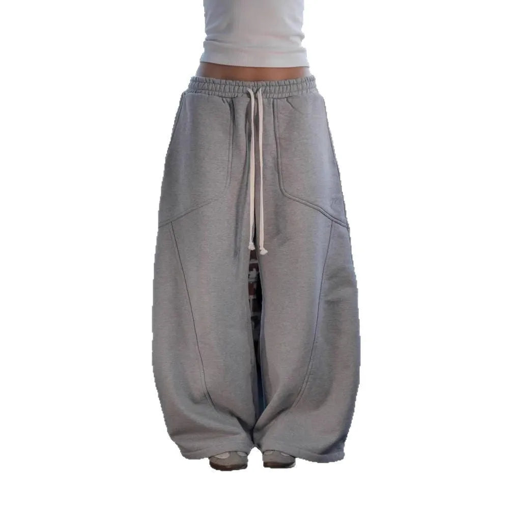 Men's and women's embroidered wide-leg loose sweatpants in gray cotton with mid-waist elastic waistband