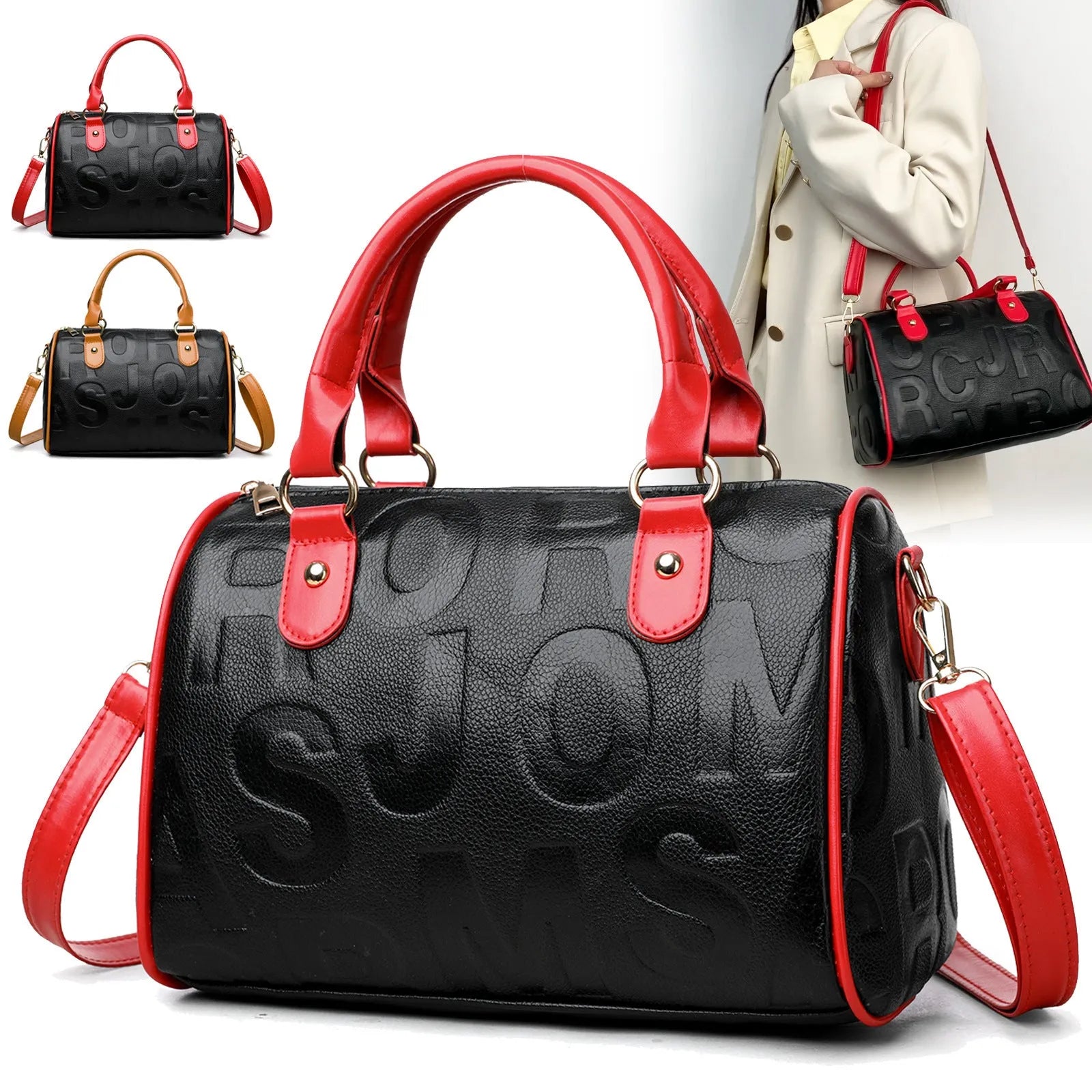 Red cylindrical crossbody bag with three straps and authentic leather tactile feel