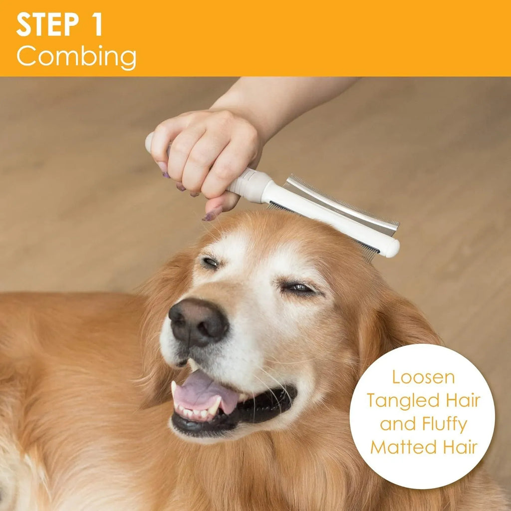 White 2 in 1 pet deshedding brush showing comb side and blade side with ergonomic handle
