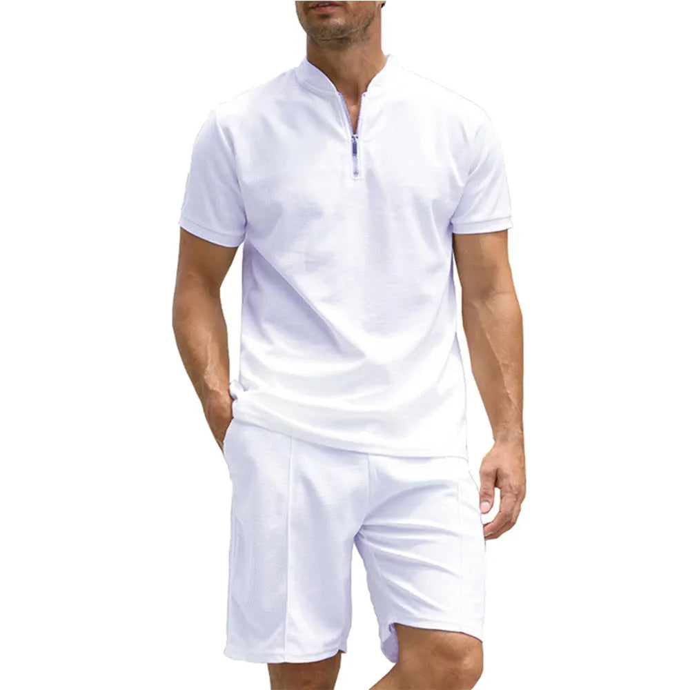 Men's solid colour polo shirt and trousers two-piece suit set in beaded bird's eye fabric.