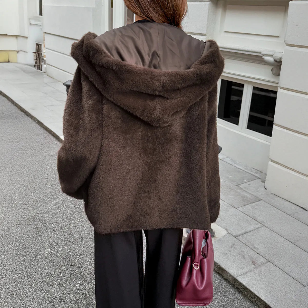 Women's brown polyester fur collar coat with long sleeves, front view