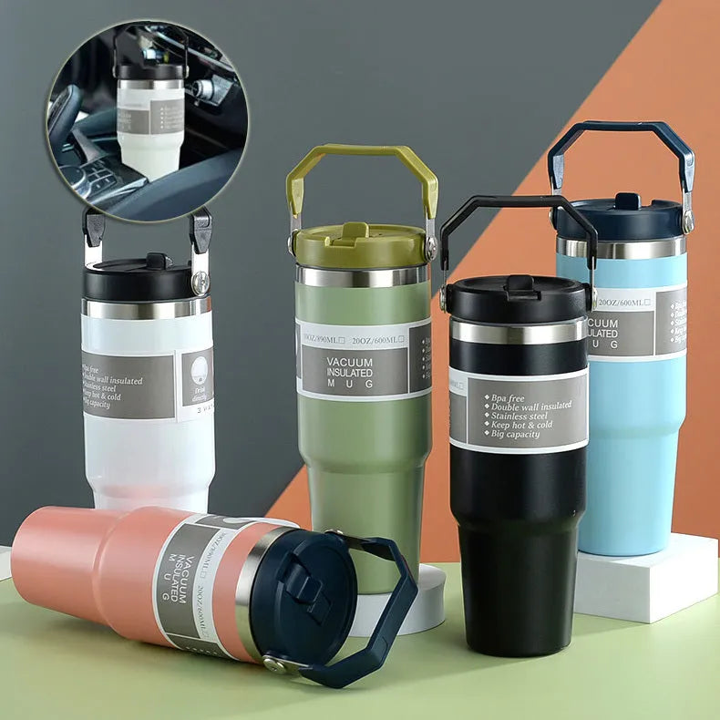 Stainless steel insulated travel tumbler with handle cover in various colours