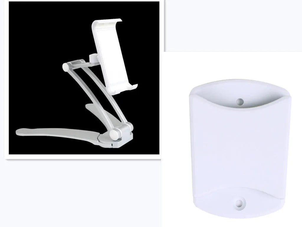 Silver aluminium alloy desktop tablet stand with adjustable clips and 360-degree rotation on a white mount.