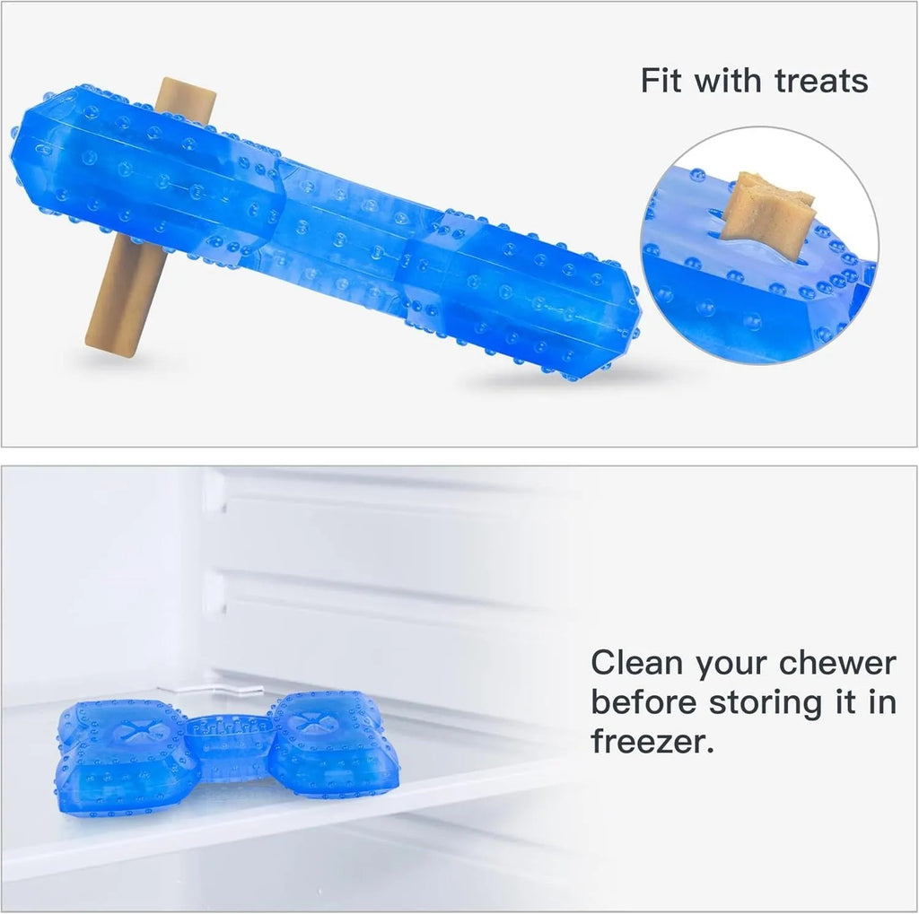 Freezable non-toxic dog cooling chew toy in bone and circle shapes.