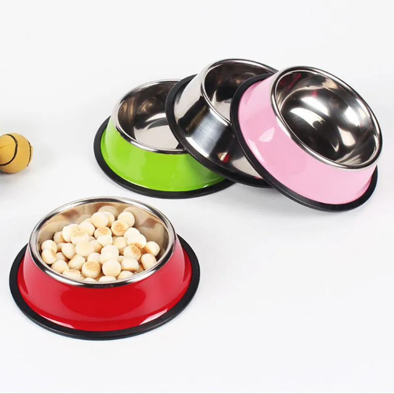 Stainless steel pet bowl with melamine outer pot in orange, non-slip base, dual use food and water