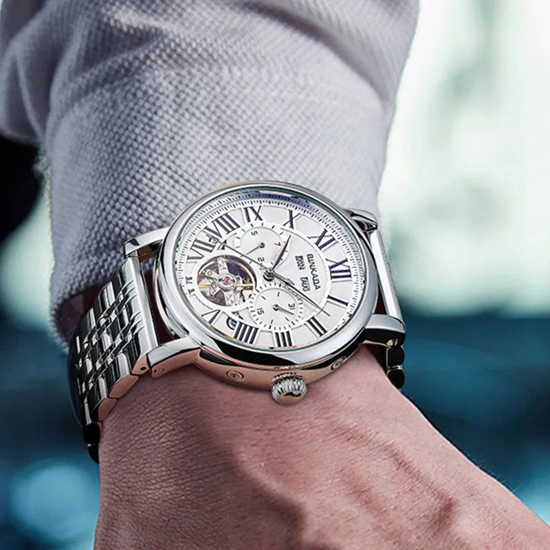 Men's automatic waterproof watch with stainless steel bracelet in business styling