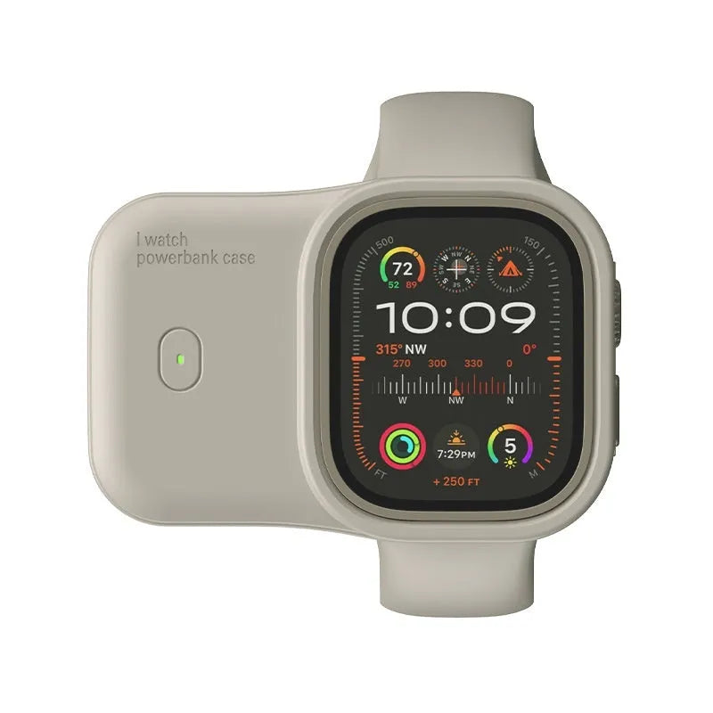Apple Watch portable charging case with silicone sleeve, shown alongside compatible watch.