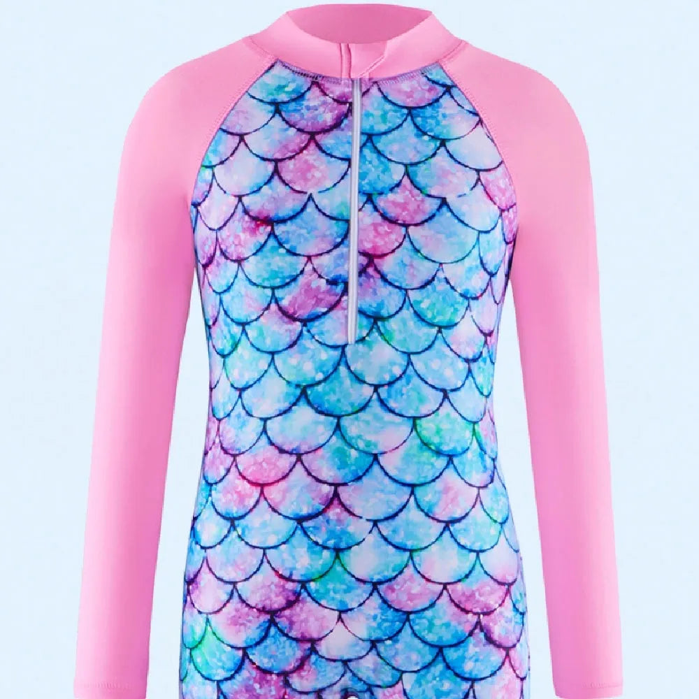 Girls one-piece polyester swimsuit in YY169 Blue available in sizes 100cm to 150cm for swimming and wading