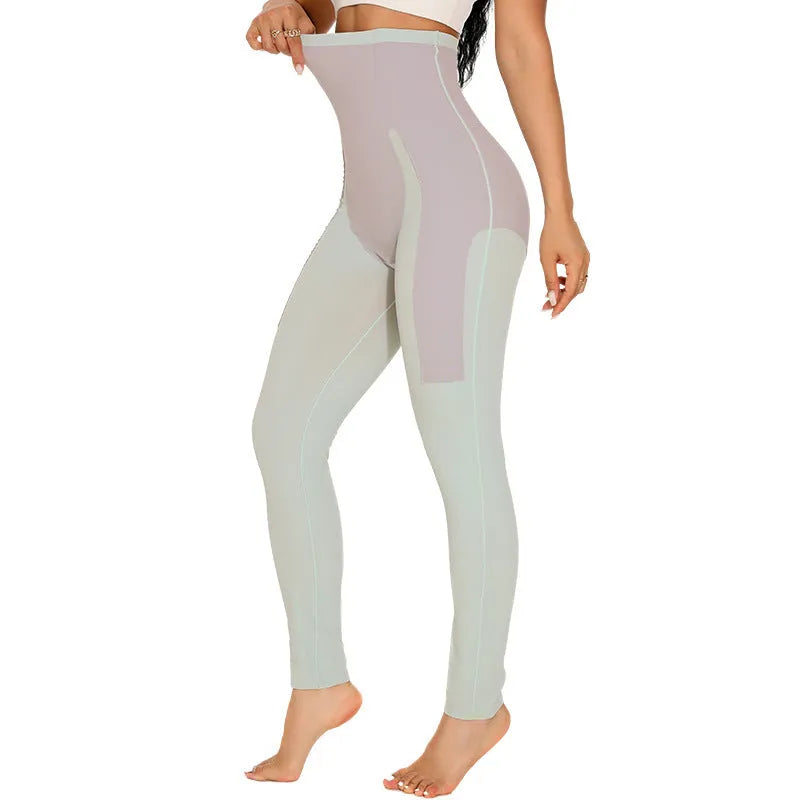 Women's black seamless yoga trousers with high waist, showcasing abdominal support and adjustable design for fitness.