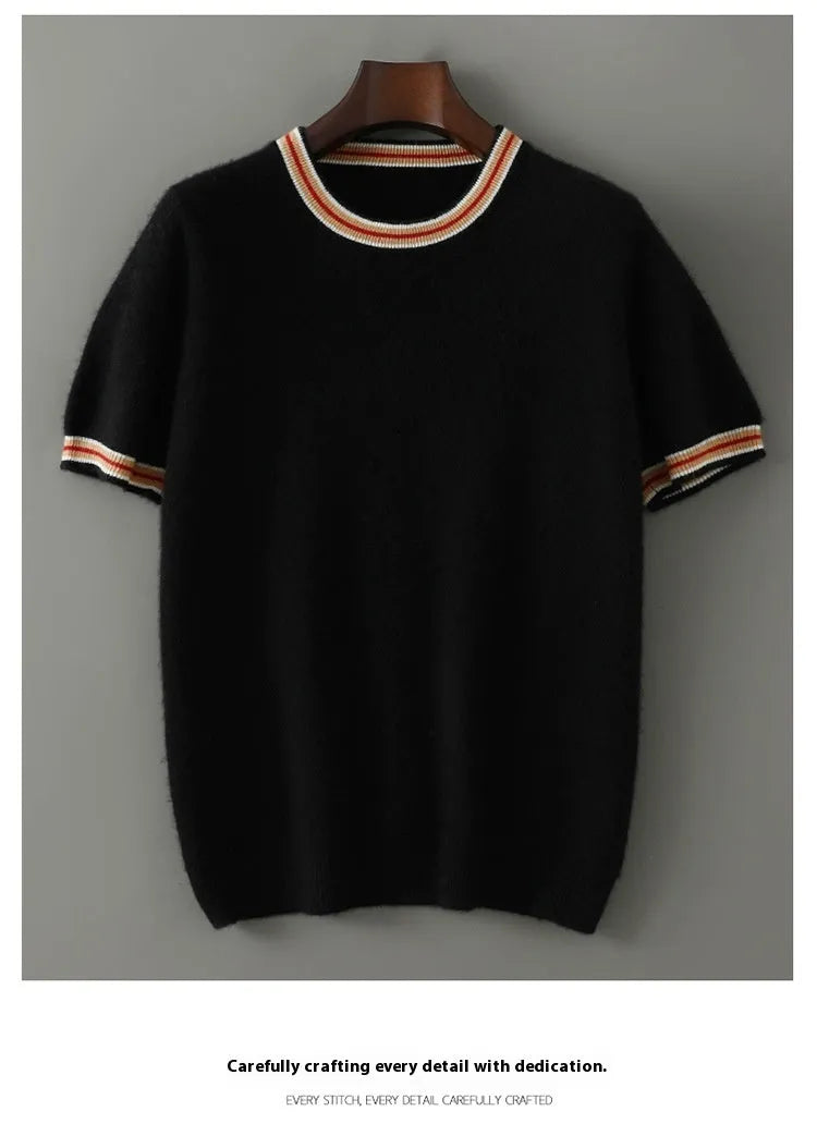 Men's round neck short sleeve pure wool pullover sweater in grey, shown on a model.