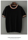 Men's round neck short sleeve pure wool pullover sweater in grey, shown on a model.
