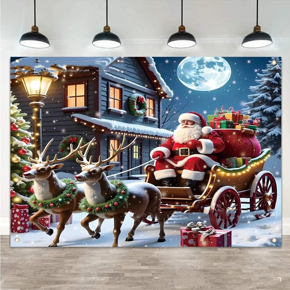 Large red Christmas banner with Santa Claus and gifts, dimensions 210cm by 150cm.