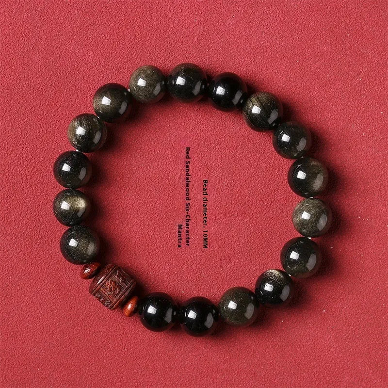 Golden obsidian vintage life bracelet with 10mm hand-woven beads and national style elements