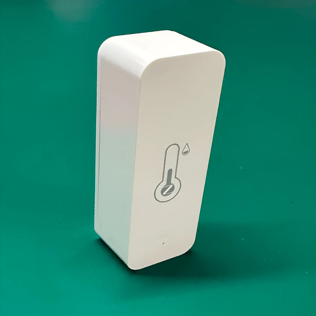 White WiFi Zigbee temperature humidity sensor with compact rectangular ABS plastic housing