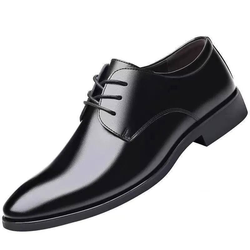 Men's pointed toe business shoes with sequin detail, PU upper, rubber sole, shown in black and brown.