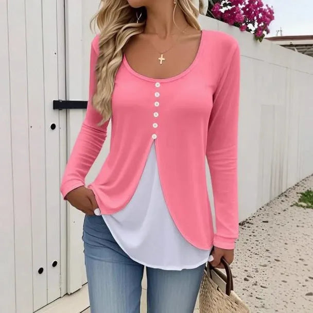 Casual contrast colour women's two-piece long-sleeved T-shirt in slim fit style