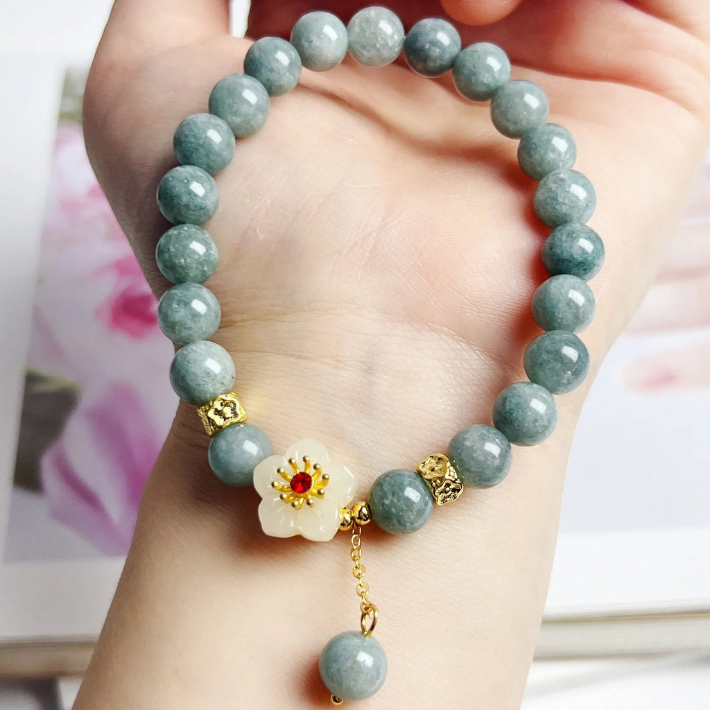 Women's adjustable jade bracelet with rope tightening mechanism in retro style